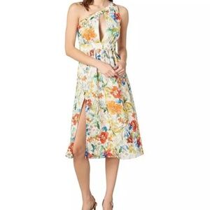 Dress the Population Mena Canary Chiffon Floral One Shoulder Midi Dress Womens M